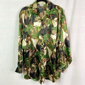Baroque Equestrian 90s Blouse Satin Shirt Button Up Top Vintage Green XL